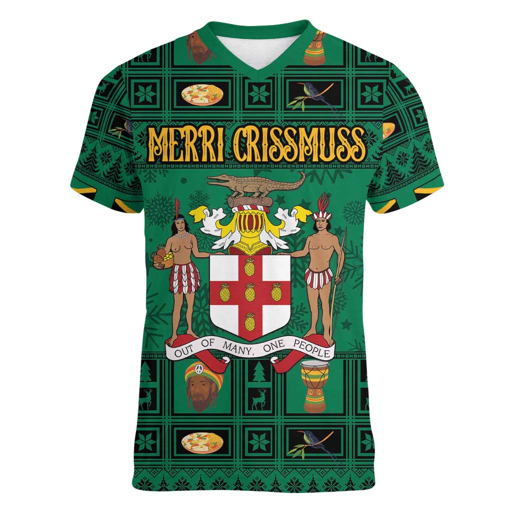 Personalized Jamaica Christmas Women V-Neck T-Shirt Coat Of Arms - Merri Crissmuss - Wonder Print Shop