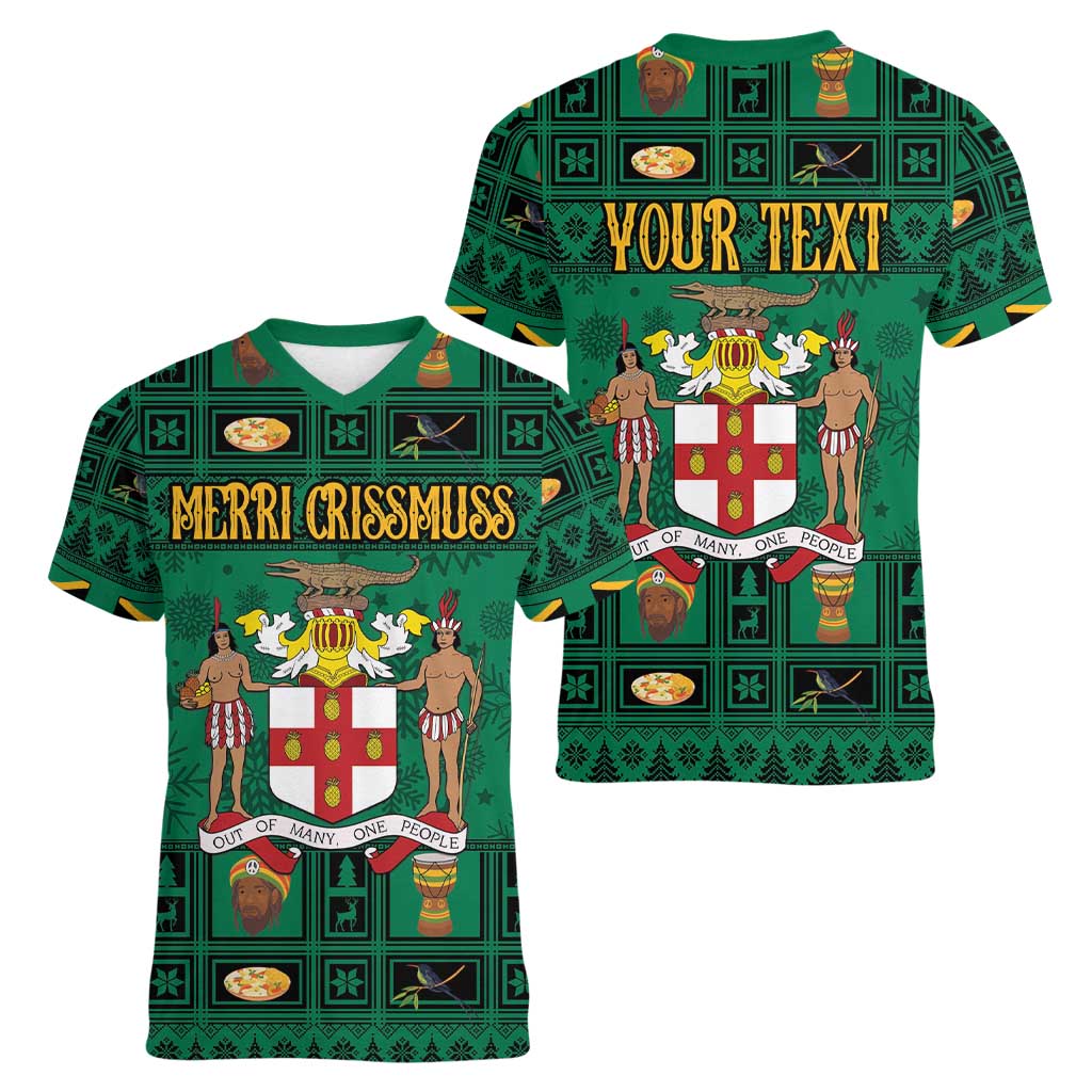 Personalized Jamaica Christmas Women V-Neck T-Shirt Coat Of Arms - Merri Crissmuss - Wonder Print Shop