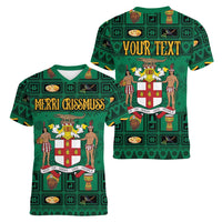 Personalized Jamaica Christmas Women V-Neck T-Shirt Coat Of Arms - Merri Crissmuss - Wonder Print Shop