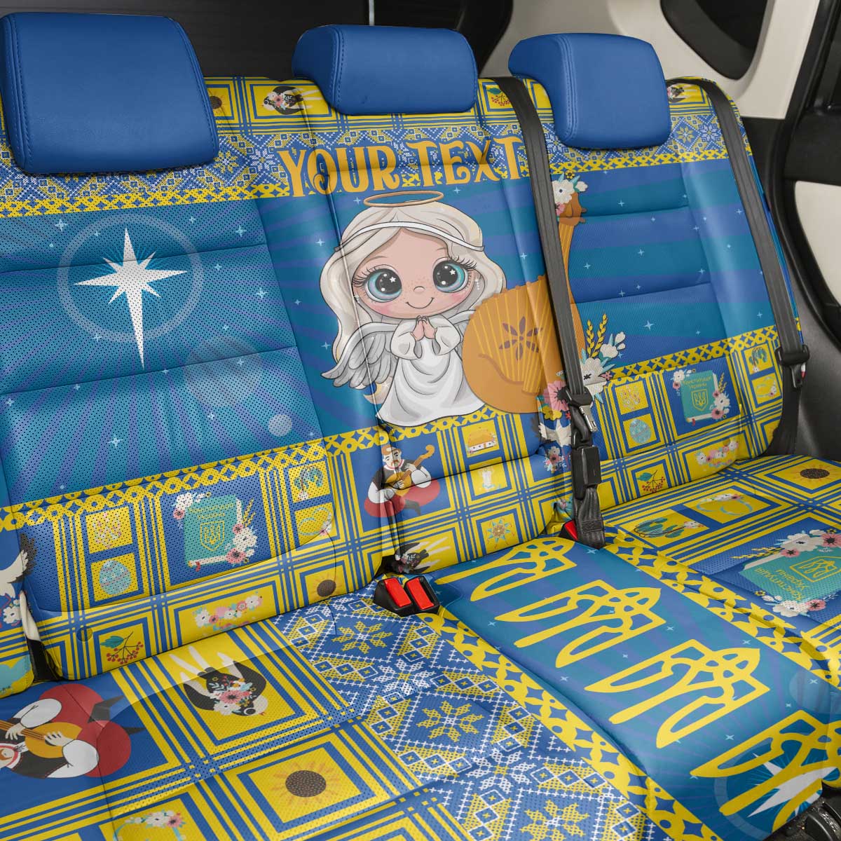 Personalized Ukraine Christmas Back Car Seat Cover Star of Bethlehem With Angle Funny - Wonder Print Shop