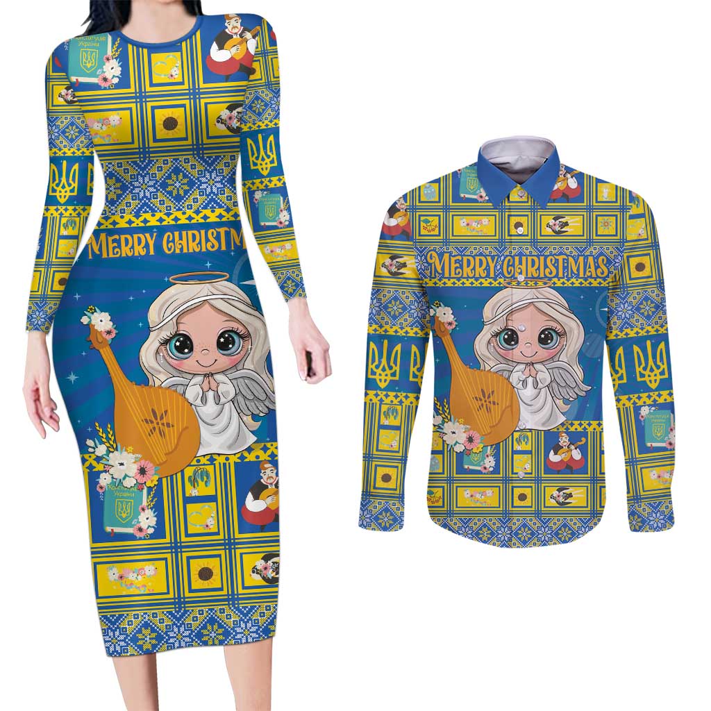 Personalized Ukraine Christmas Couples Matching Long Sleeve Bodycon Dress and Long Sleeve Button Shirt Star of Bethlehem With Angle Funny - Wonder Print Shop