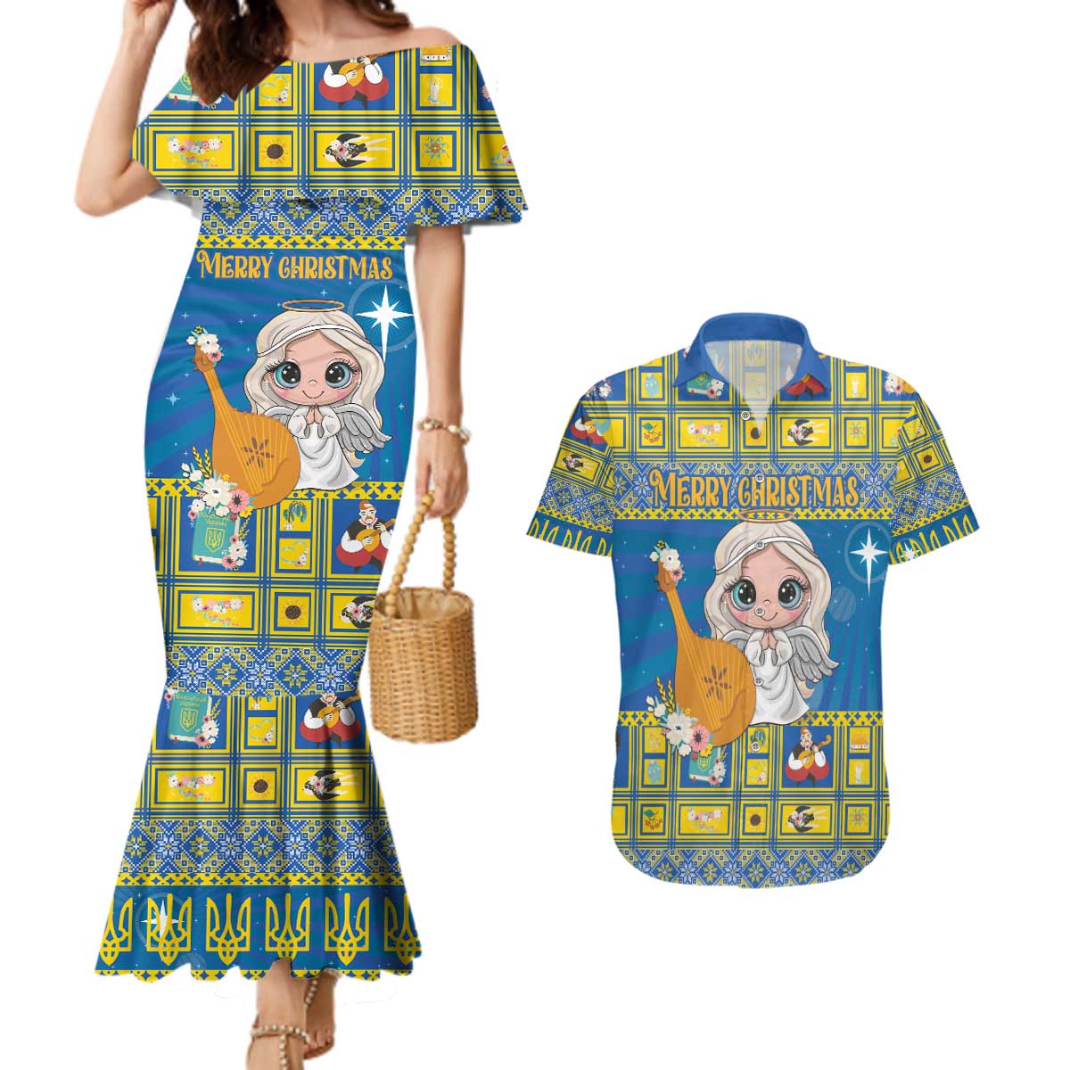 Personalized Ukraine Christmas Couples Matching Mermaid Dress and Hawaiian Shirt Star of Bethlehem With Angle Funny - Wonder Print Shop