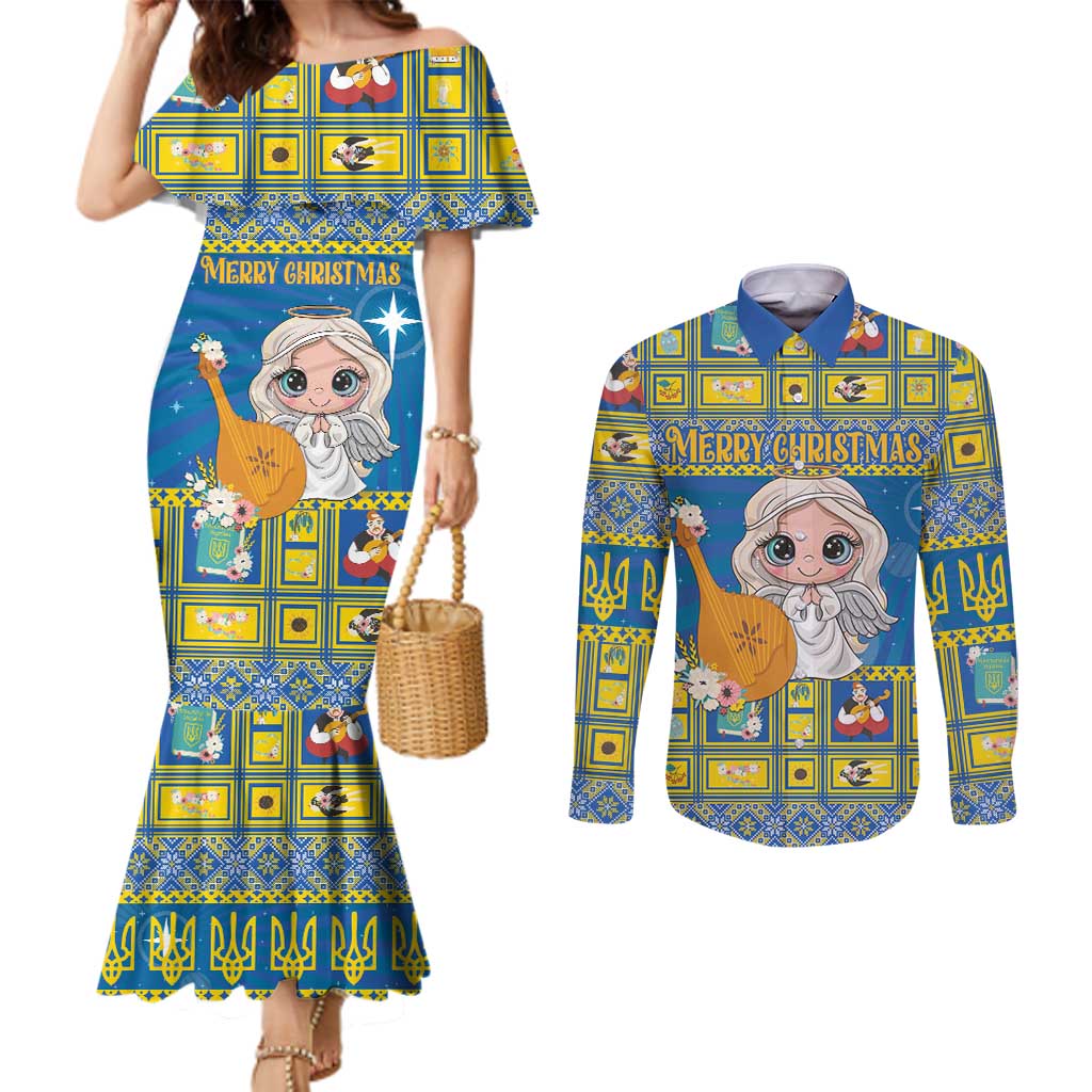 Personalized Ukraine Christmas Couples Matching Mermaid Dress and Long Sleeve Button Shirt Star of Bethlehem With Angle Funny