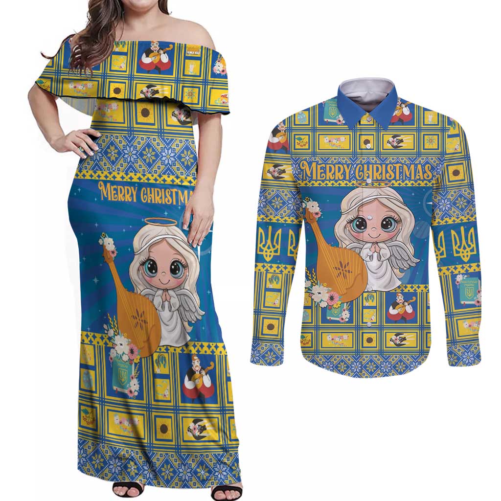 Personalized Ukraine Christmas Couples Matching Off Shoulder Maxi Dress and Long Sleeve Button Shirt Star of Bethlehem With Angle Funny - Wonder Print Shop
