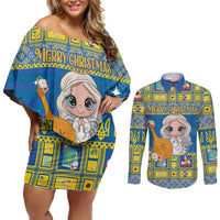 Personalized Ukraine Christmas Couples Matching Off Shoulder Short Dress and Long Sleeve Button Shirt Star of Bethlehem With Angle Funny - Wonder Print Shop