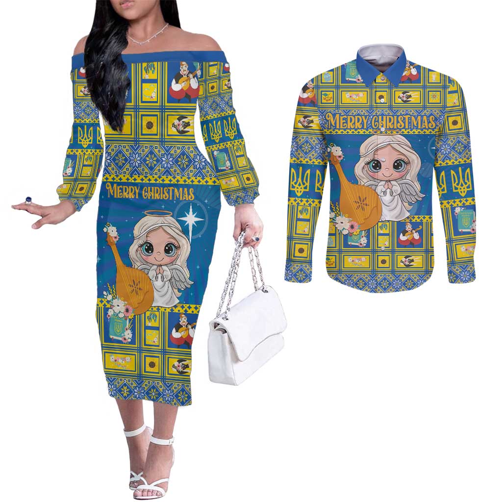 Personalized Ukraine Christmas Couples Matching Off The Shoulder Long Sleeve Dress and Long Sleeve Button Shirt Star of Bethlehem With Angle Funny