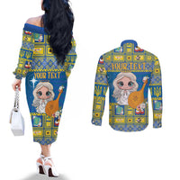 Personalized Ukraine Christmas Couples Matching Off The Shoulder Long Sleeve Dress and Long Sleeve Button Shirt Star of Bethlehem With Angle Funny