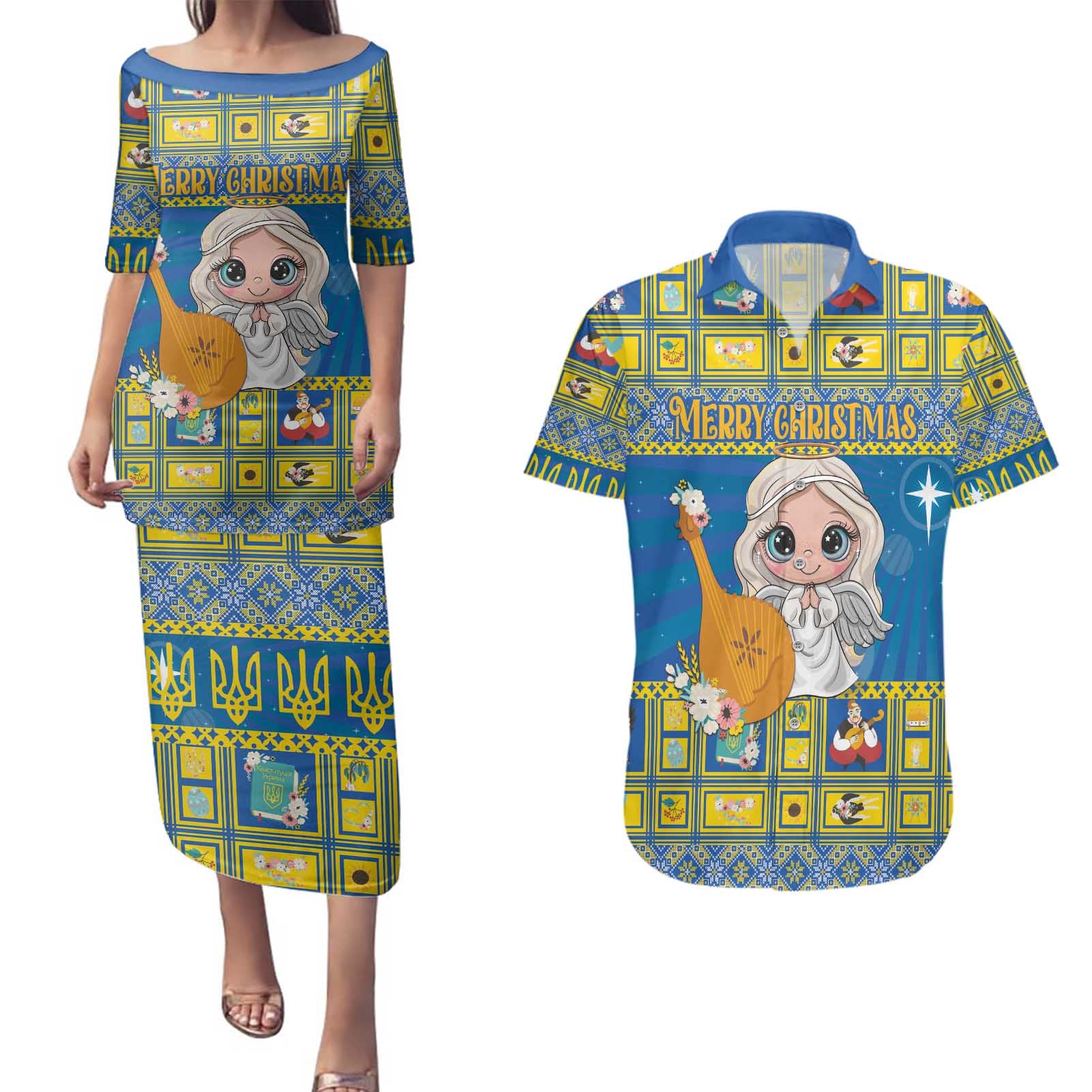 Personalized Ukraine Christmas Couples Matching Puletasi and Hawaiian Shirt Star of Bethlehem With Angle Funny - Wonder Print Shop