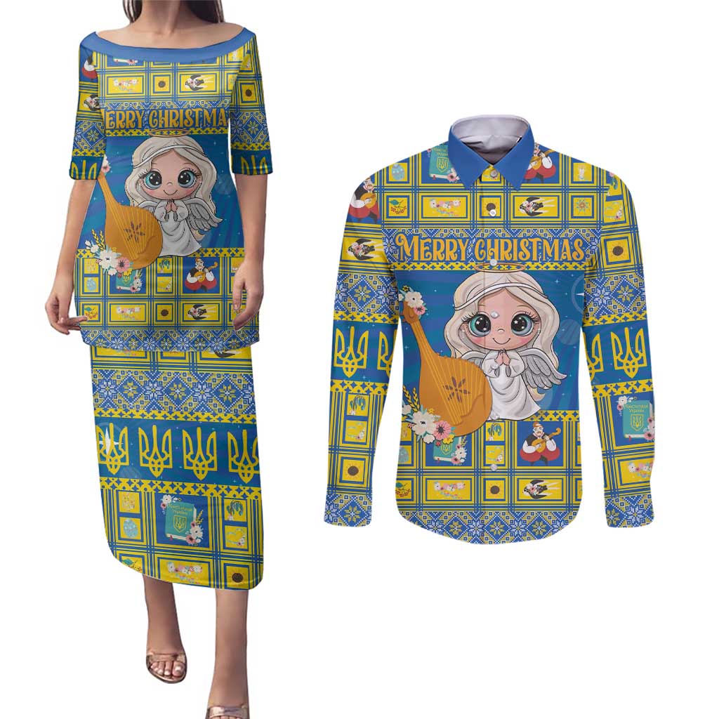 Personalized Ukraine Christmas Couples Matching Puletasi and Long Sleeve Button Shirt Star of Bethlehem With Angle Funny - Wonder Print Shop