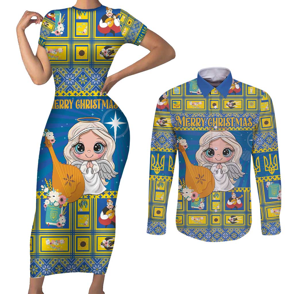 Personalized Ukraine Christmas Couples Matching Short Sleeve Bodycon Dress and Long Sleeve Button Shirt Star of Bethlehem With Angle Funny - Wonder Print Shop