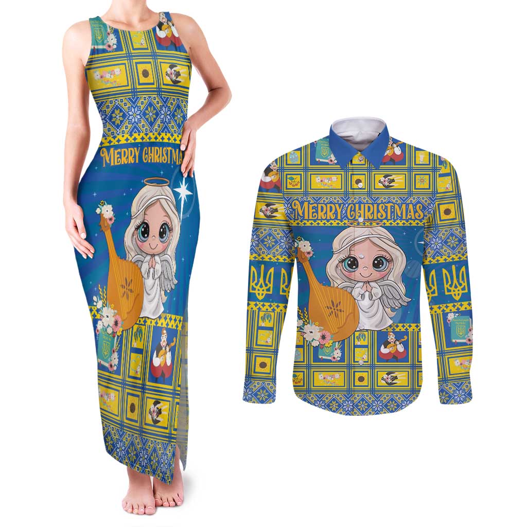 Personalized Ukraine Christmas Couples Matching Tank Maxi Dress and Long Sleeve Button Shirt Star of Bethlehem With Angle Funny - Wonder Print Shop