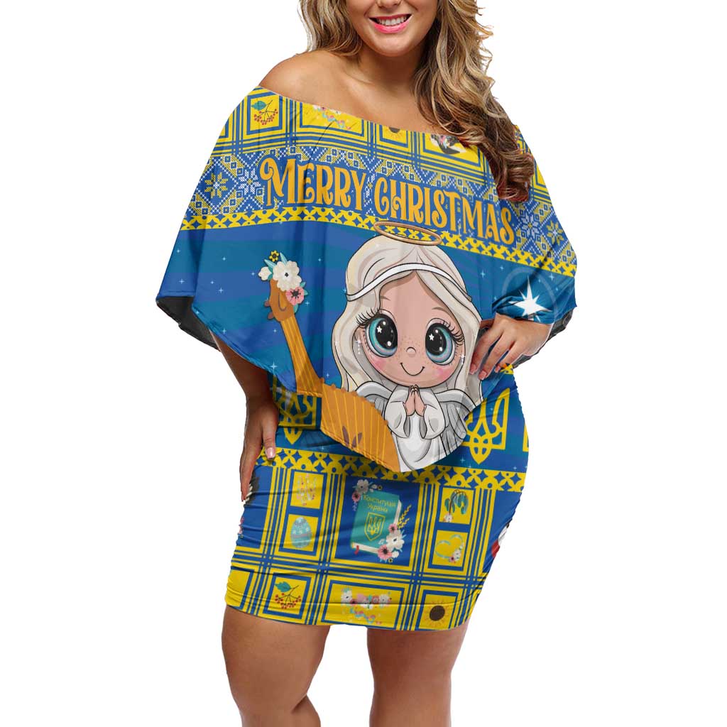 Personalized Ukraine Christmas Off Shoulder Short Dress Star of Bethlehem With Angle Funny - Wonder Print Shop