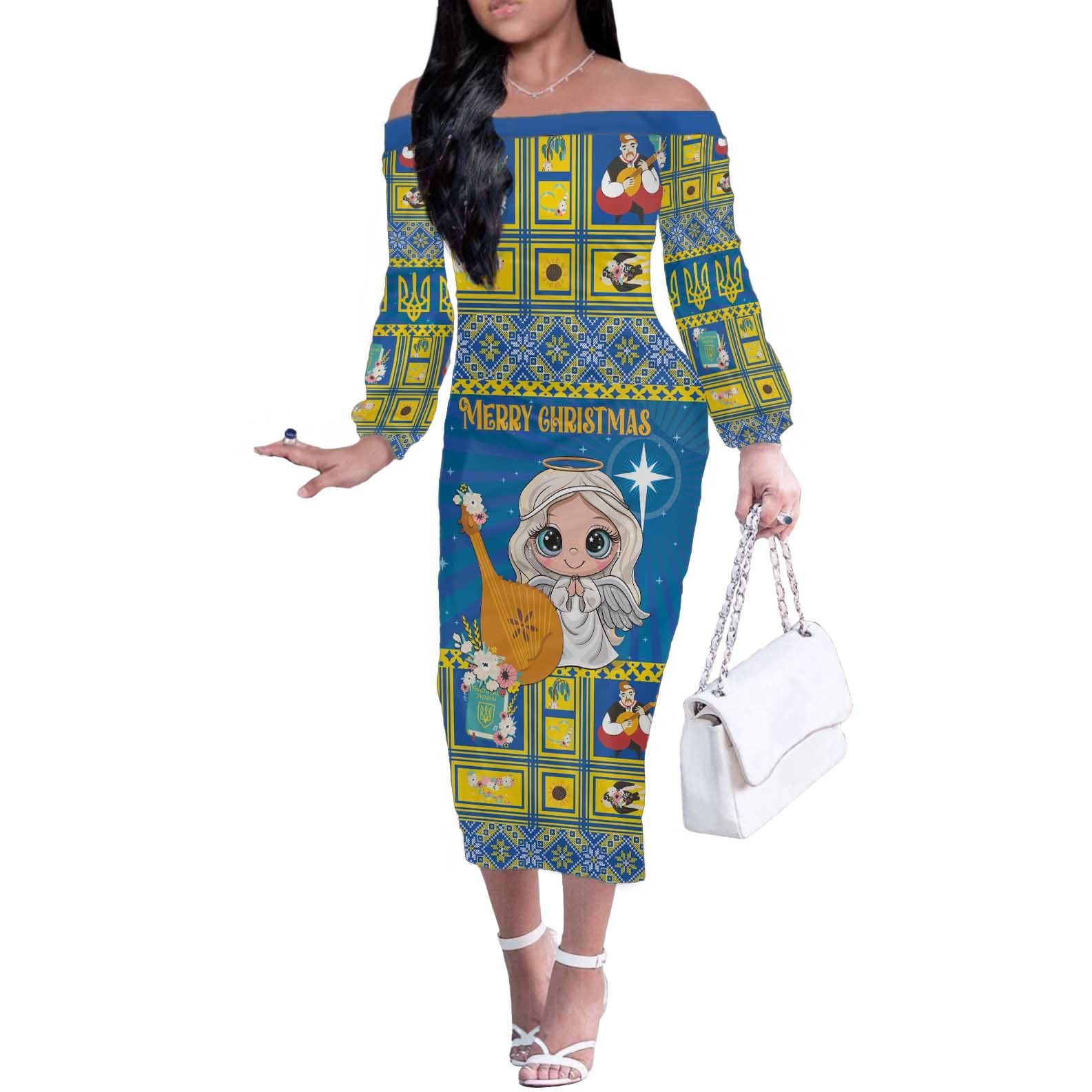 Personalized Ukraine Christmas Off The Shoulder Long Sleeve Dress Star of Bethlehem With Angle Funny - Wonder Print Shop