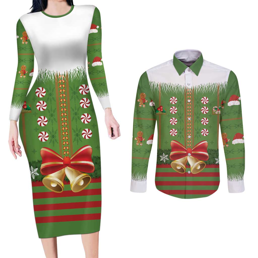 Christmas Costume Elf Couples Matching Long Sleeve Bodycon Dress and Long Sleeve Button Shirt Santa Little Helper Green - Wonder Print Shop