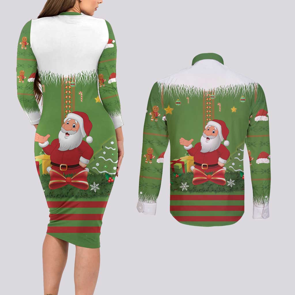 Christmas Costume Elf Couples Matching Long Sleeve Bodycon Dress and Long Sleeve Button Shirt Santa Little Helper Green - Wonder Print Shop