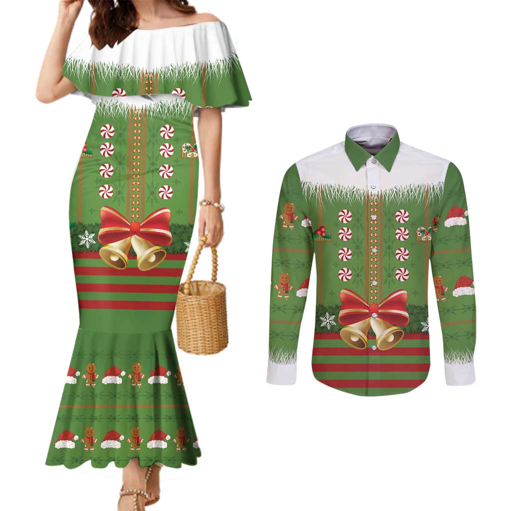 Christmas Costume Elf Couples Matching Mermaid Dress and Long Sleeve Button Shirt Santa Little Helper Green - Wonder Print Shop