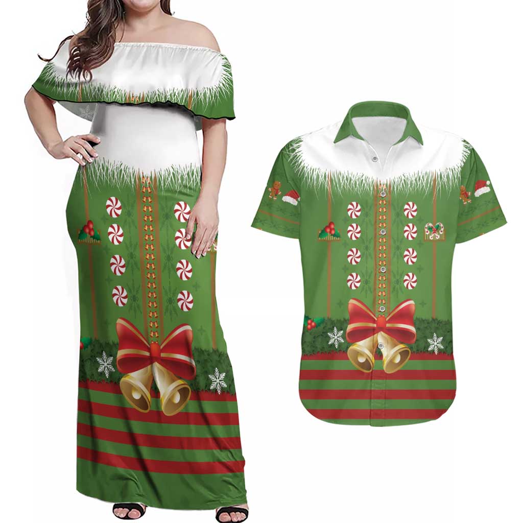Christmas Costume Elf Couples Matching Off Shoulder Maxi Dress and Hawaiian Shirt Santa Little Helper Green - Wonder Print Shop