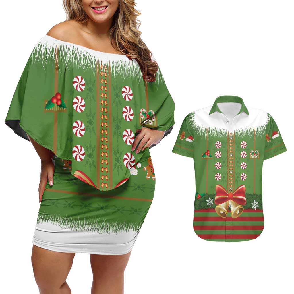 Christmas Costume Elf Couples Matching Off Shoulder Short Dress and Hawaiian Shirt Santa Little Helper Green - Wonder Print Shop