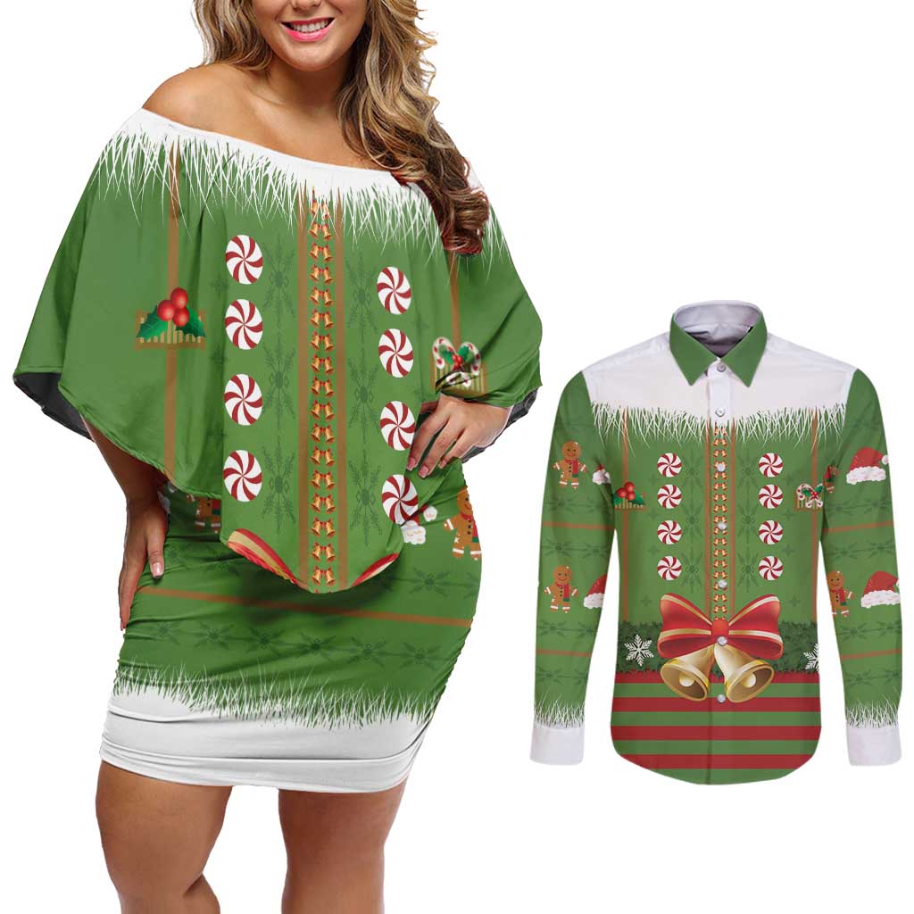 Christmas Costume Elf Couples Matching Off Shoulder Short Dress and Long Sleeve Button Shirt Santa Little Helper Green - Wonder Print Shop