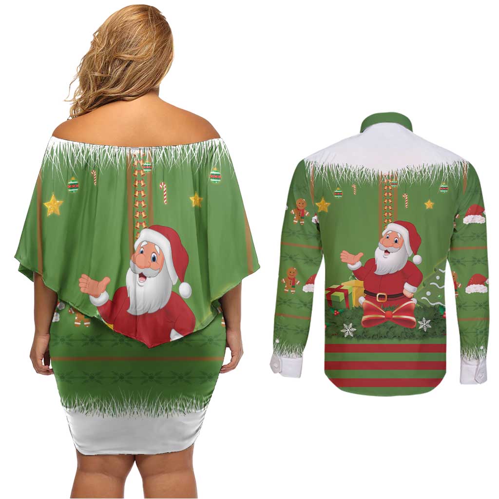 Christmas Costume Elf Couples Matching Off Shoulder Short Dress and Long Sleeve Button Shirt Santa Little Helper Green - Wonder Print Shop