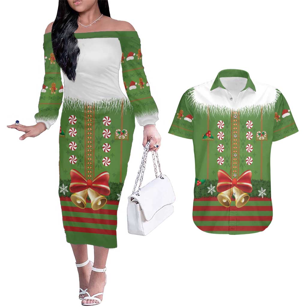 Christmas Costume Elf Couples Matching Off The Shoulder Long Sleeve Dress and Hawaiian Shirt Santa Little Helper Green - Wonder Print Shop