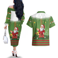 Christmas Costume Elf Couples Matching Off The Shoulder Long Sleeve Dress and Hawaiian Shirt Santa Little Helper Green - Wonder Print Shop