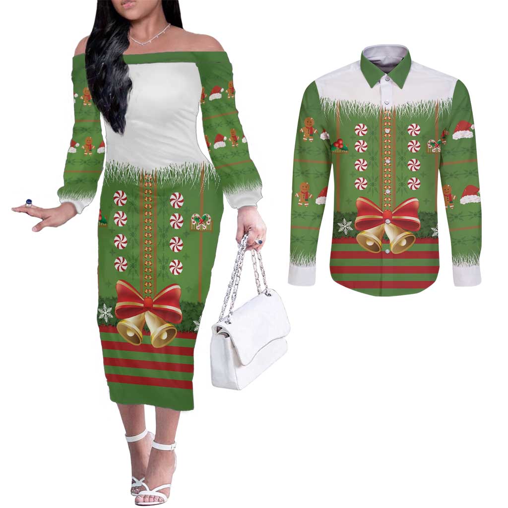 Christmas Costume Elf Couples Matching Off The Shoulder Long Sleeve Dress and Long Sleeve Button Shirt Santa Little Helper Green - Wonder Print Shop