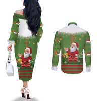 Christmas Costume Elf Couples Matching Off The Shoulder Long Sleeve Dress and Long Sleeve Button Shirt Santa Little Helper Green - Wonder Print Shop