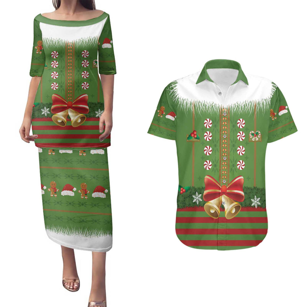 Christmas Costume Elf Couples Matching Puletasi and Hawaiian Shirt Santa Little Helper Green - Wonder Print Shop