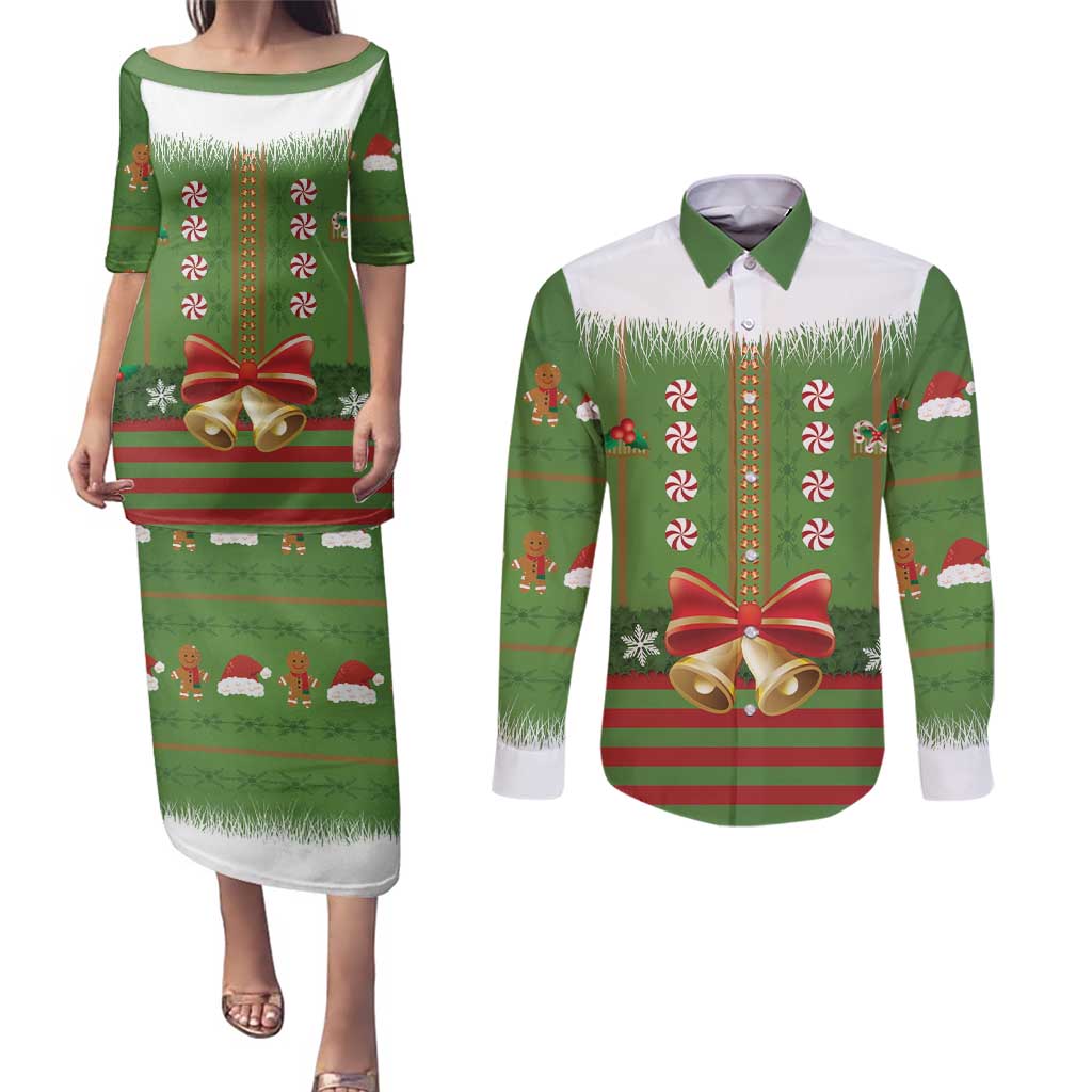 Christmas Costume Elf Couples Matching Puletasi and Long Sleeve Button Shirt Santa Little Helper Green - Wonder Print Shop