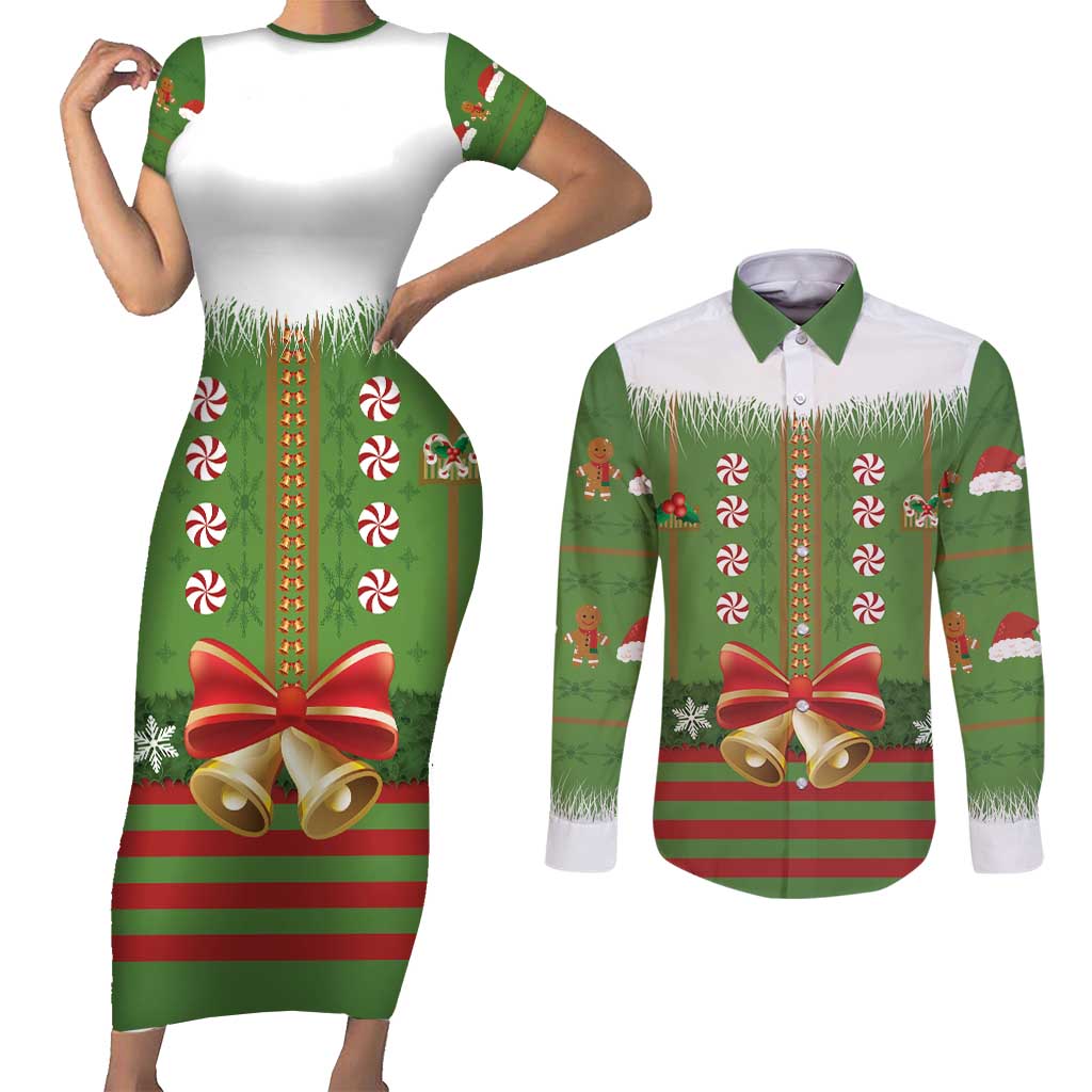 Christmas Costume Elf Couples Matching Short Sleeve Bodycon Dress and Long Sleeve Button Shirt Santa Little Helper Green - Wonder Print Shop