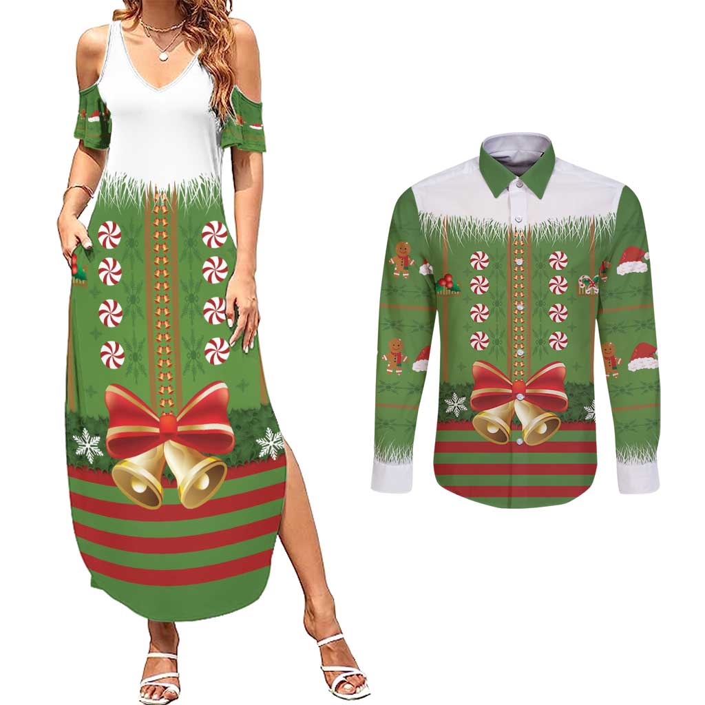 Christmas Costume Elf Couples Matching Summer Maxi Dress and Long Sleeve Button Shirt Santa Little Helper Green - Wonder Print Shop
