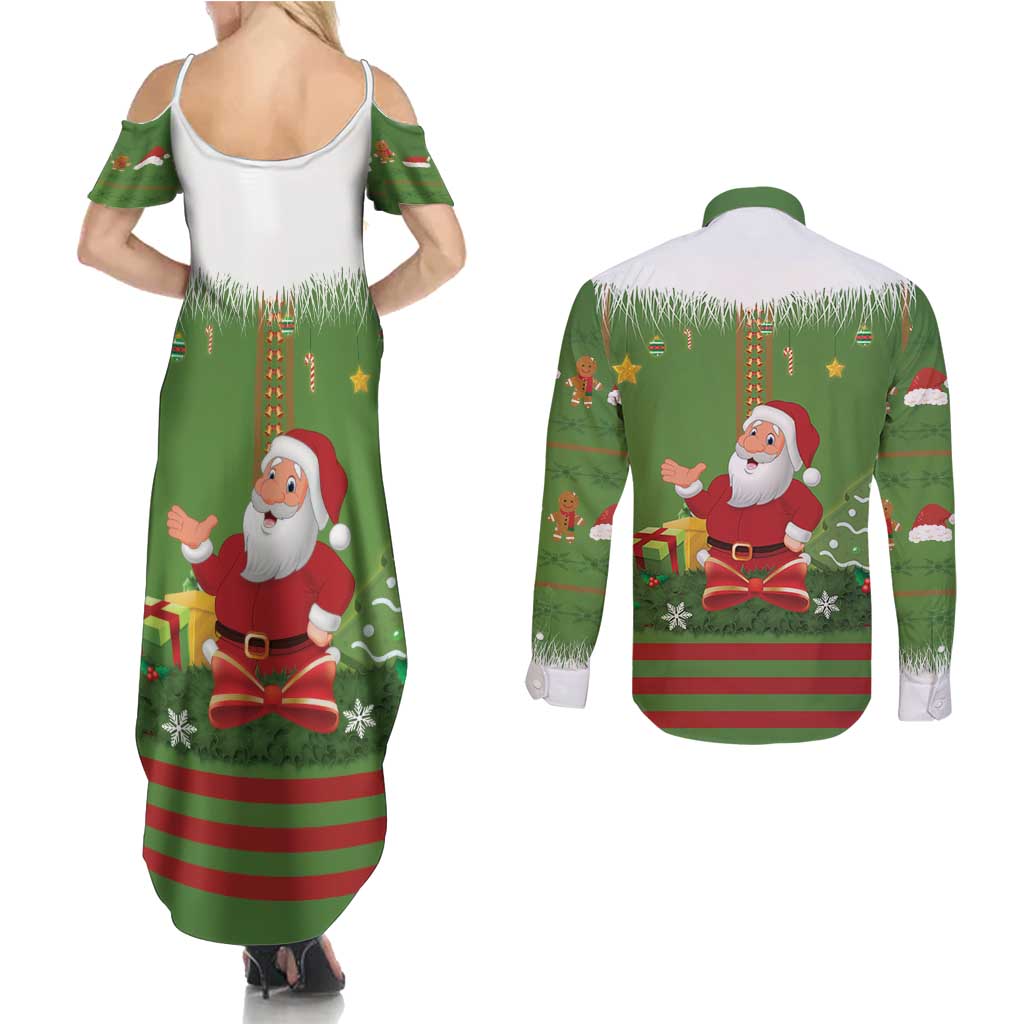 Christmas Costume Elf Couples Matching Summer Maxi Dress and Long Sleeve Button Shirt Santa Little Helper Green - Wonder Print Shop
