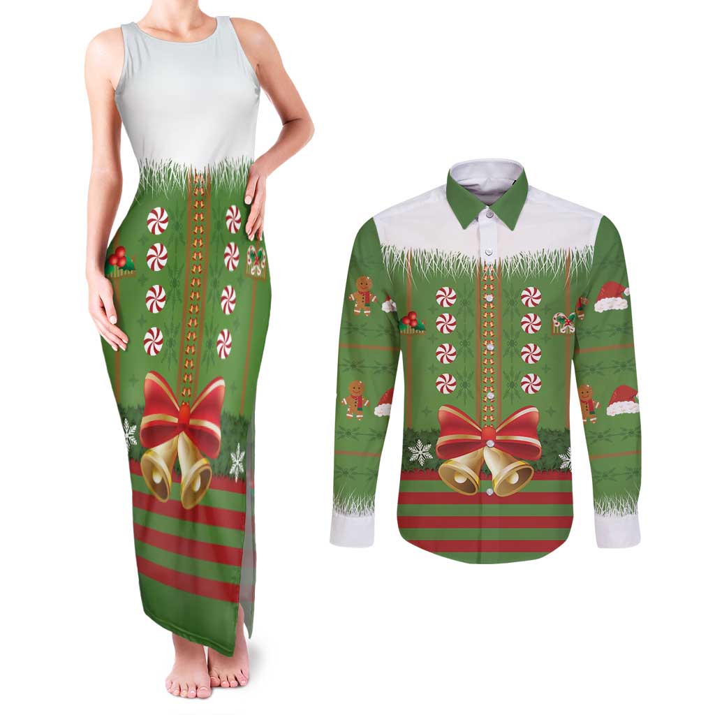 Christmas Costume Elf Couples Matching Tank Maxi Dress and Long Sleeve Button Shirt Santa Little Helper Green - Wonder Print Shop