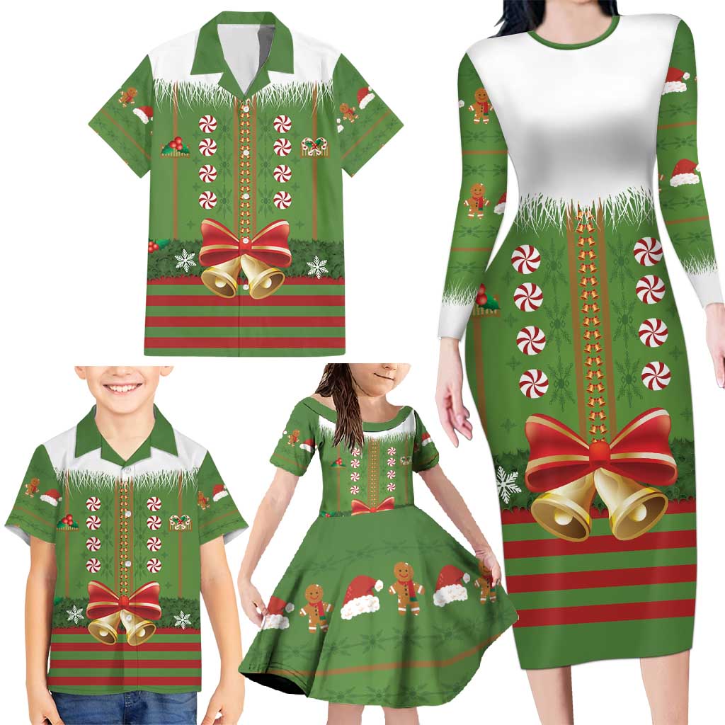 Christmas Costume Elf Family Matching Long Sleeve Bodycon Dress and Hawaiian Shirt Santa Little Helper Green - Wonder Print Shop