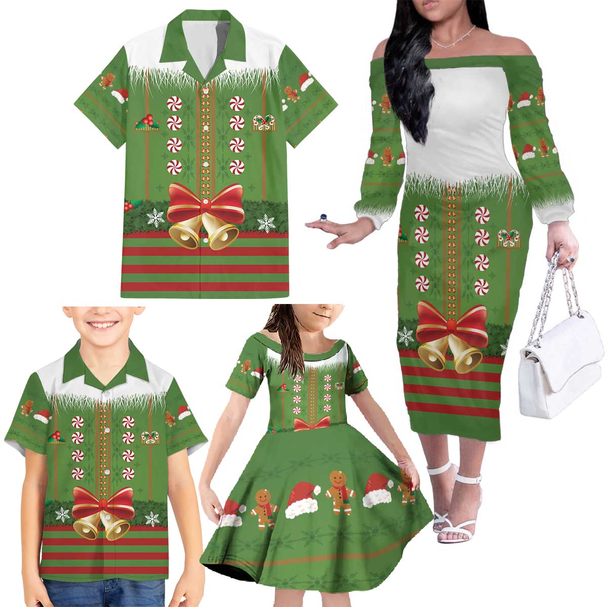 Christmas Costume Elf Family Matching Off The Shoulder Long Sleeve Dress and Hawaiian Shirt Santa Little Helper Green - Wonder Print Shop