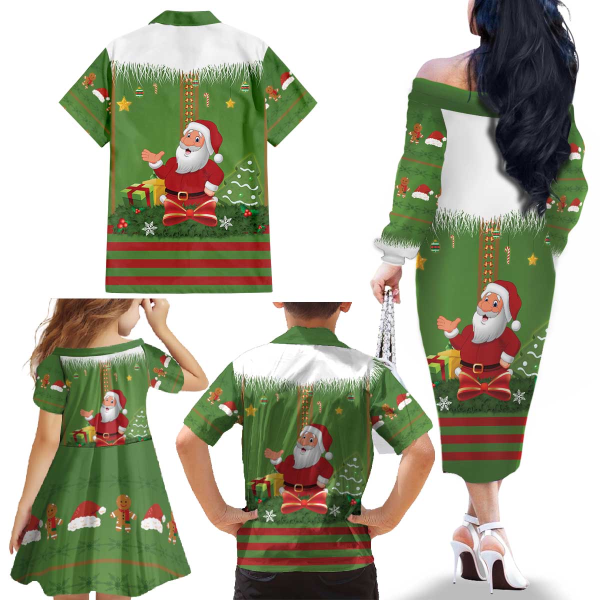 Christmas Costume Elf Family Matching Off The Shoulder Long Sleeve Dress and Hawaiian Shirt Santa Little Helper Green - Wonder Print Shop