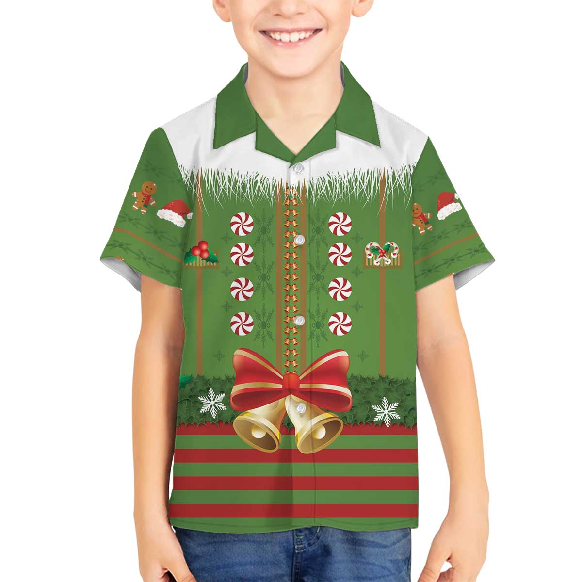 Christmas Costume Elf Family Matching Off The Shoulder Long Sleeve Dress and Hawaiian Shirt Santa Little Helper Green - Wonder Print Shop