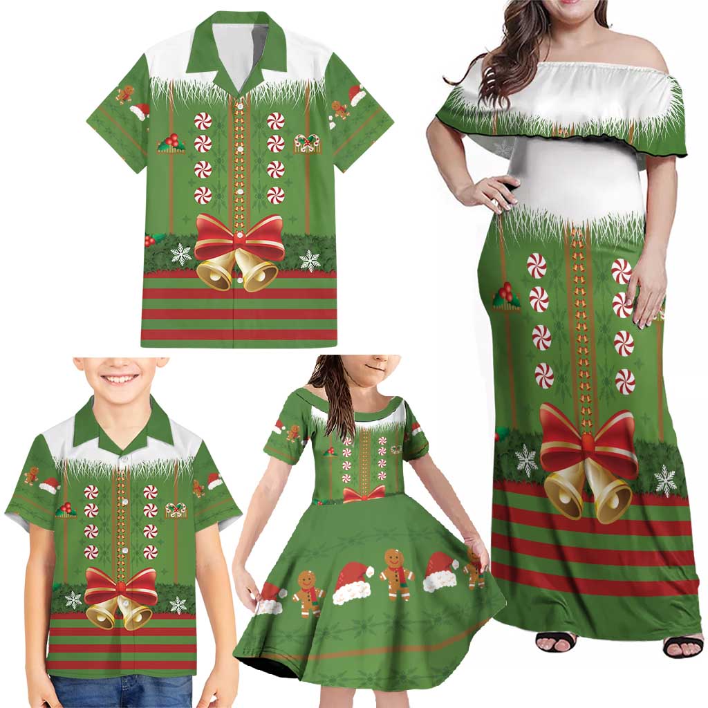 Christmas Costume Elf Family Matching Off Shoulder Maxi Dress and Hawaiian Shirt Santa Little Helper Green - Wonder Print Shop