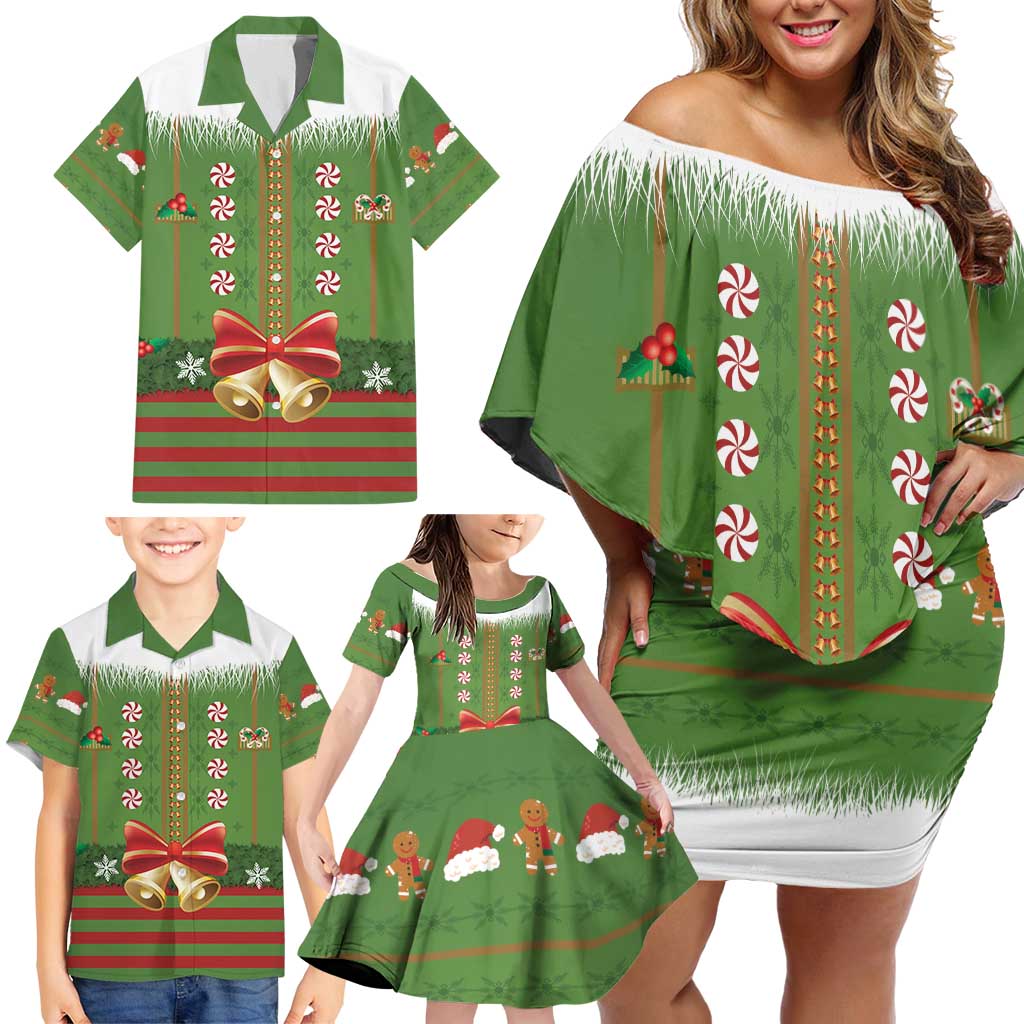 Christmas Costume Elf Family Matching Off Shoulder Short Dress and Hawaiian Shirt Santa Little Helper Green - Wonder Print Shop
