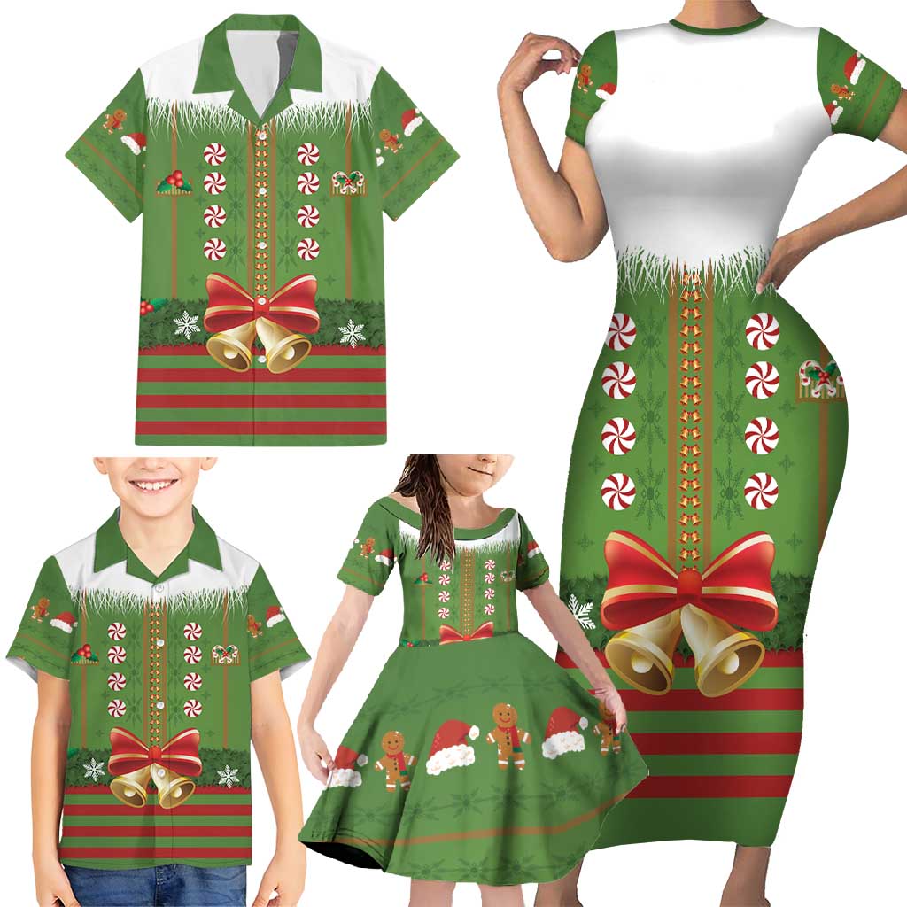 Christmas Costume Elf Family Matching Short Sleeve Bodycon Dress and Hawaiian Shirt Santa Little Helper Green - Wonder Print Shop