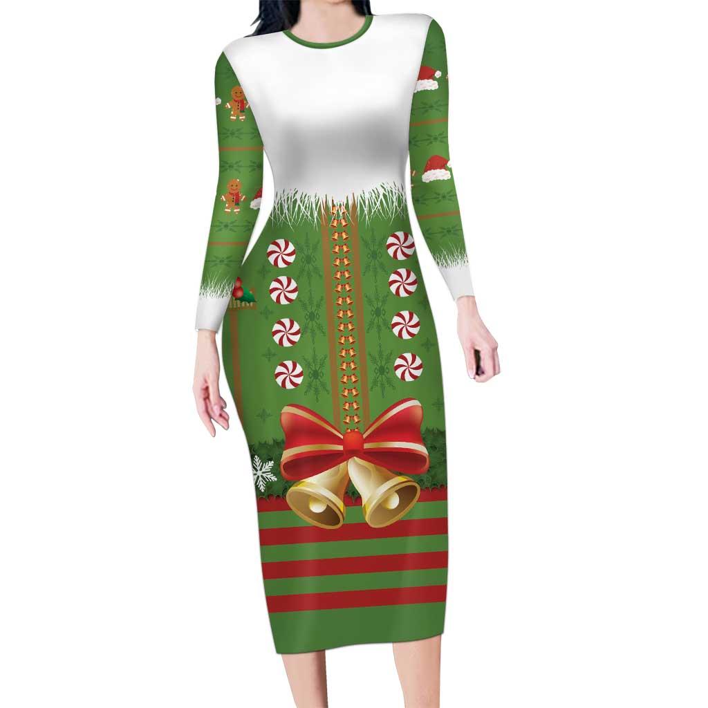 Christmas Costume Elf Long Sleeve Bodycon Dress Santa Little Helper Green - Wonder Print Shop