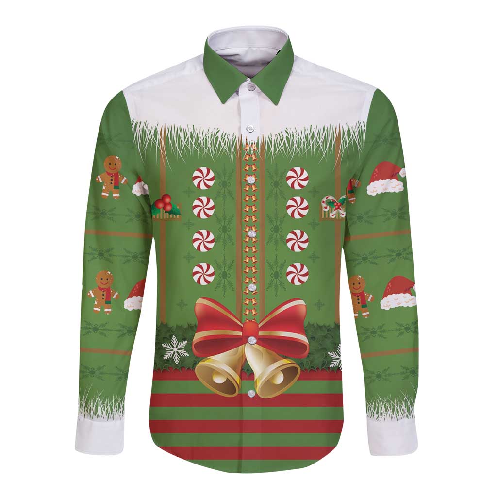 Christmas Costume Elf Long Sleeve Button Shirt Santa Little Helper Green - Wonder Print Shop