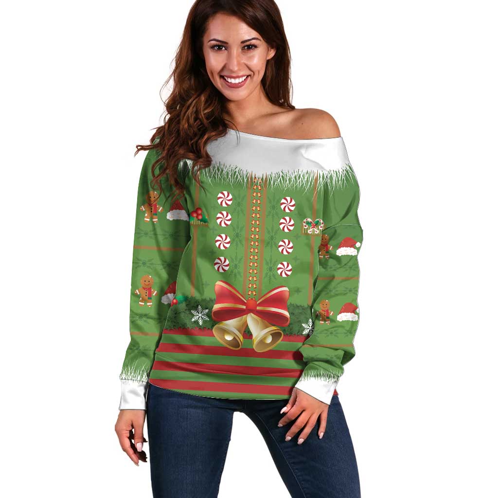 Christmas Costume Elf Off Shoulder Sweater Santa Little Helper Green - Wonder Print Shop