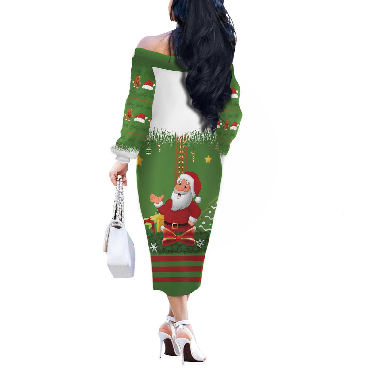 Christmas Costume Elf Off The Shoulder Long Sleeve Dress Santa Little Helper Green - Wonder Print Shop