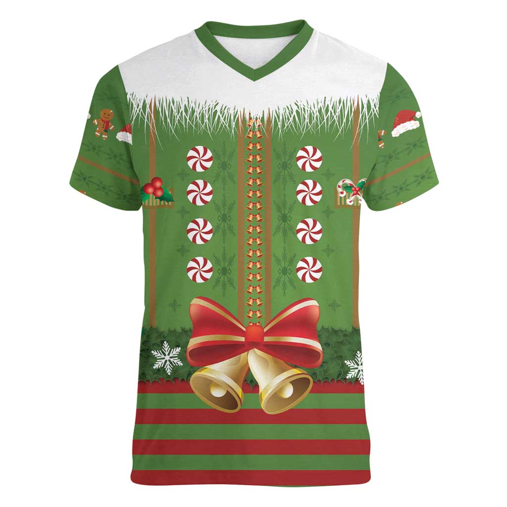 Christmas Costume Elf Women V-Neck T-Shirt Santa Little Helper Green - Wonder Print Shop