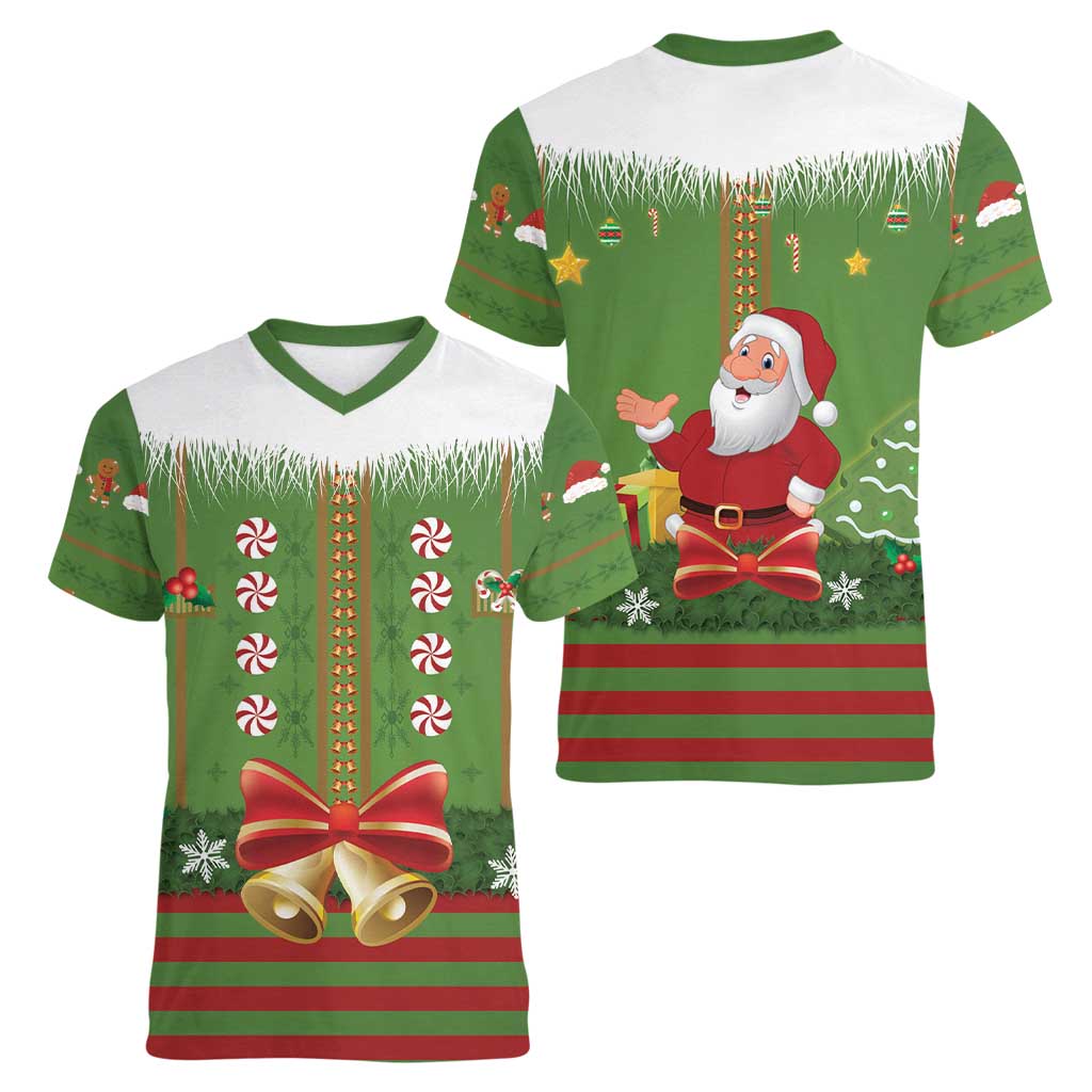 Christmas Costume Elf Women V-Neck T-Shirt Santa Little Helper Green - Wonder Print Shop