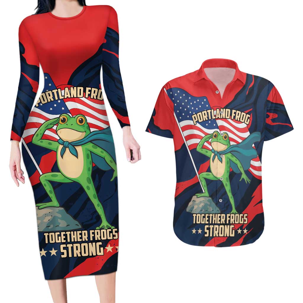 Portland Frog Protest Personalized Couples Matching Long Sleeve Bodycon Dress and Hawaiian Shirt Frogs Together Strong - Wonder Print Shop