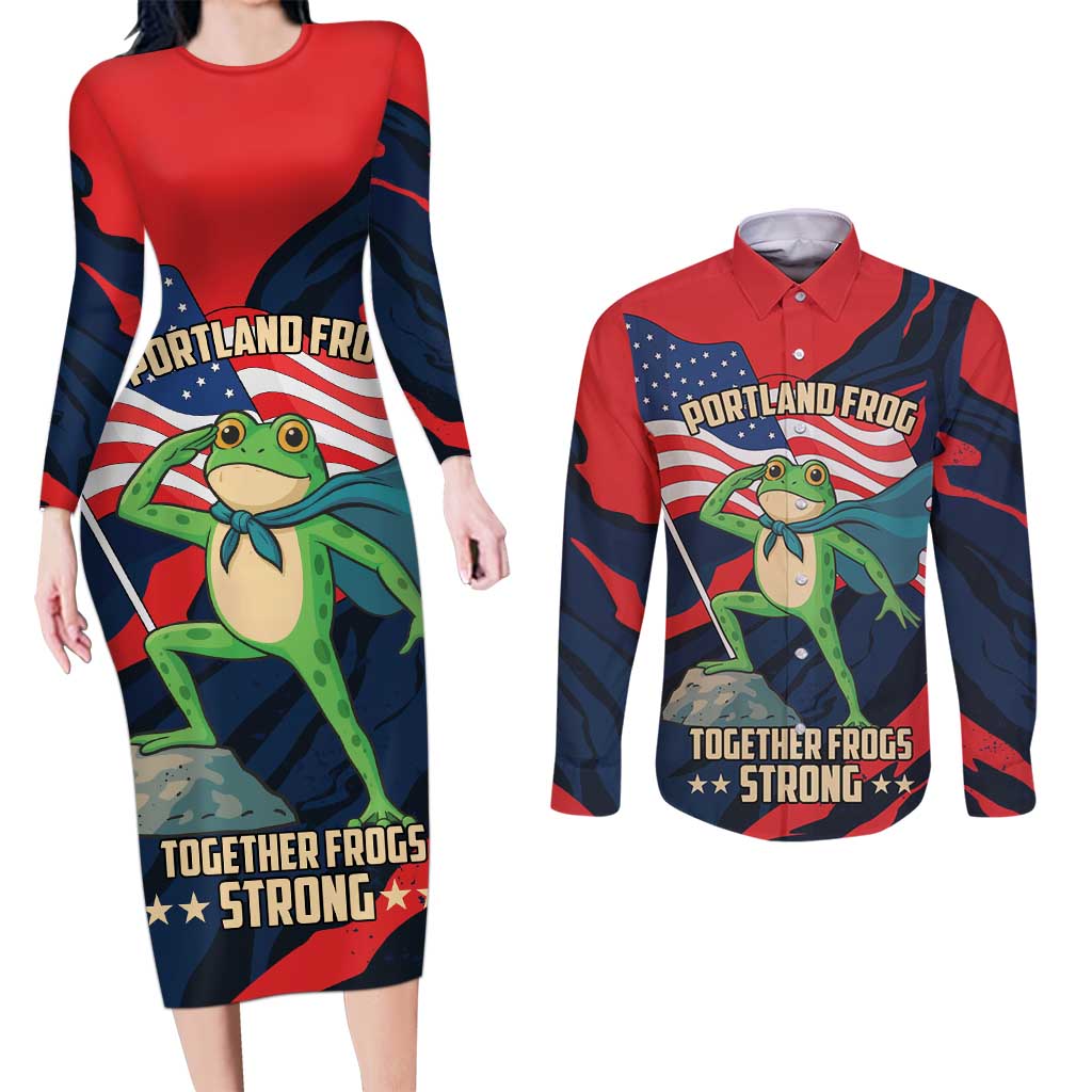 Portland Frog Protest Personalized Couples Matching Long Sleeve Bodycon Dress and Long Sleeve Button Shirt Frogs Together Strong - Wonder Print Shop