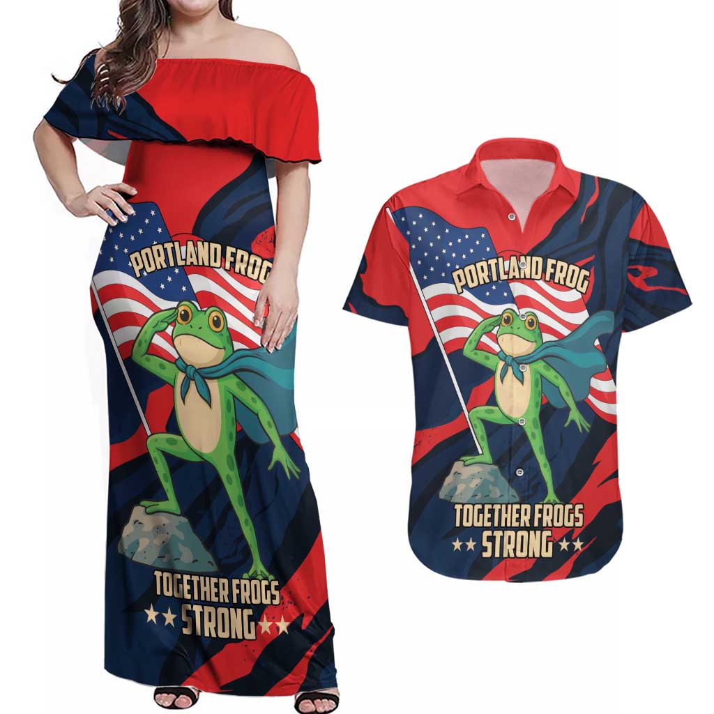 Portland Frog Protest Personalized Couples Matching Off Shoulder Maxi Dress and Hawaiian Shirt Frogs Together Strong - Wonder Print Shop